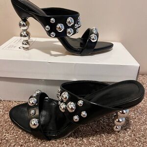 Black Leather Mules with Silver Round Accents